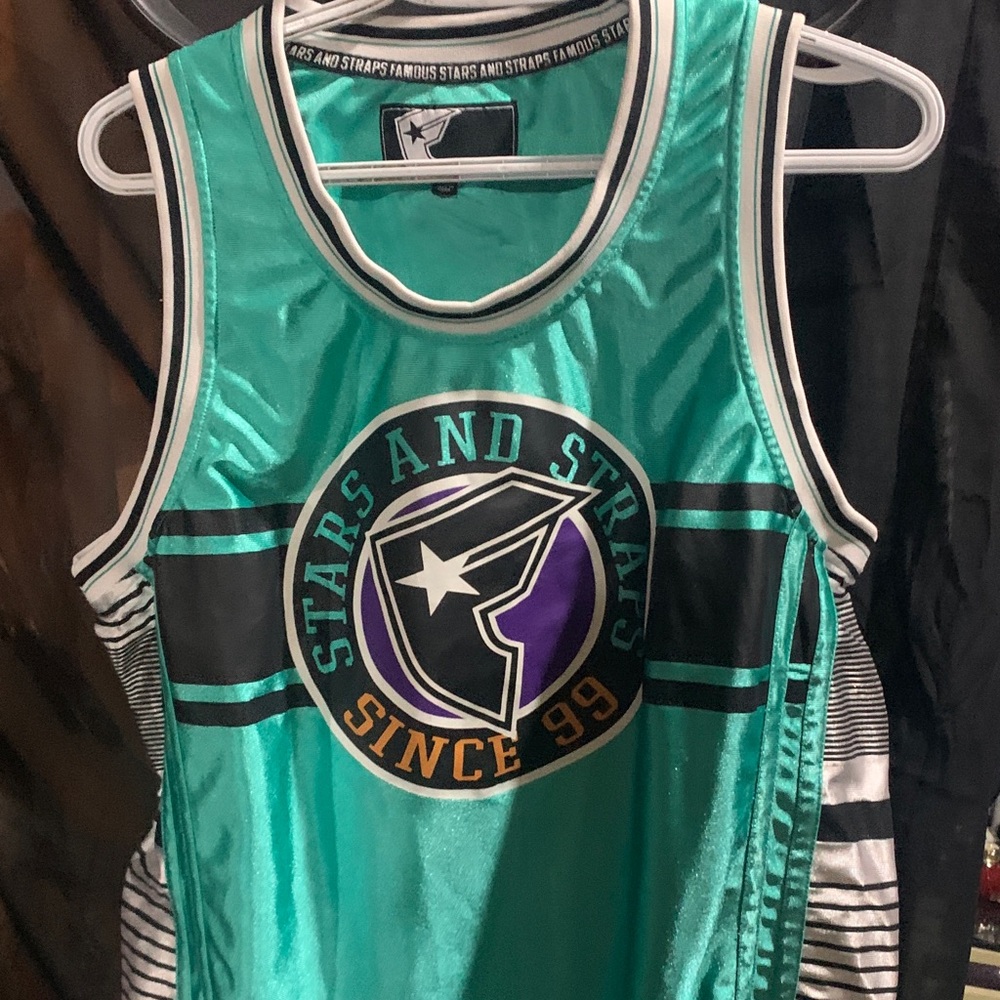 Stars and Straps Jersey Style Teal Tank Top